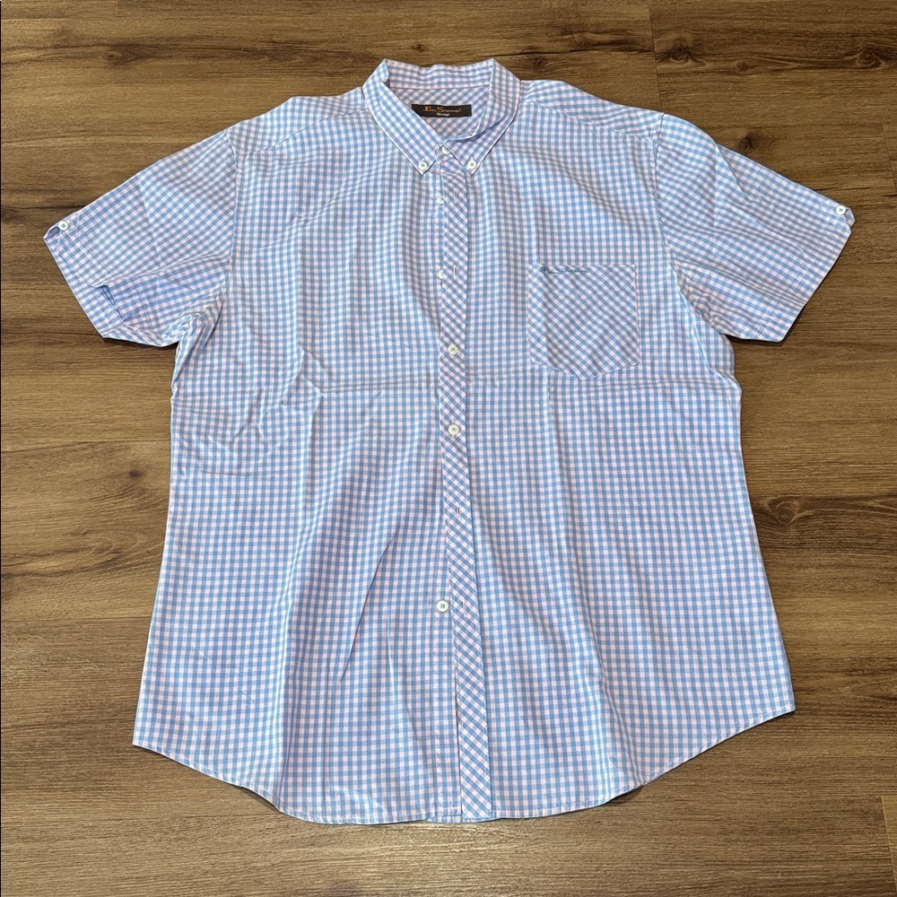 Men's Ben Sherman Heritage Blue & Pink Button Down Short Sleeve Shirt. Size XXL